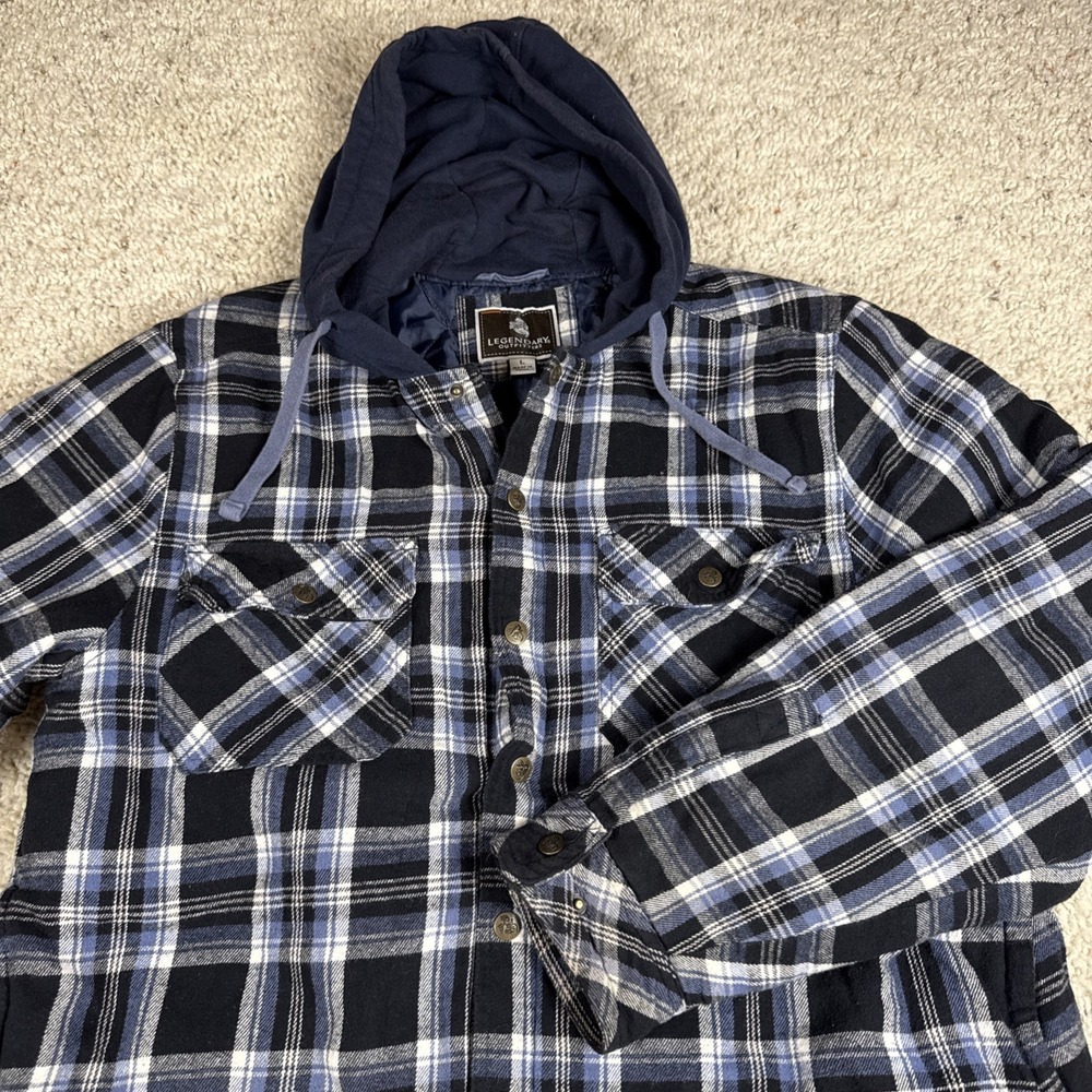 Legendary Outfitters Jacket Mens LARGE Blue Hooded Quilted Lined Flannel Plaid